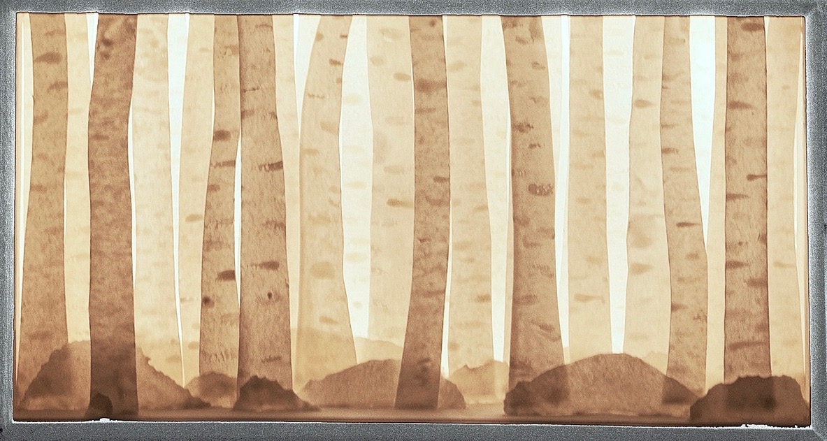 Backlit porcelain birch tree forrest diorama