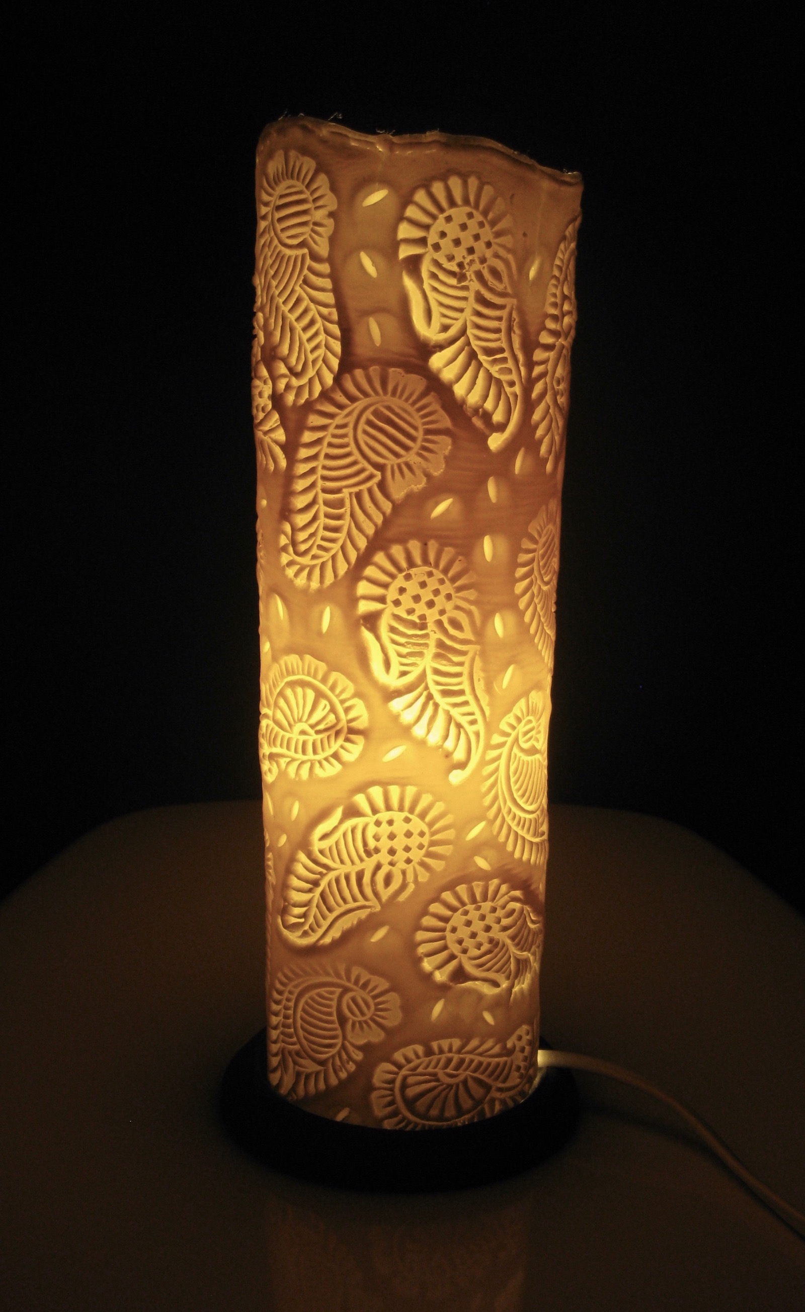 Cylinder shaped table lamp with indian block printed paisley pattern